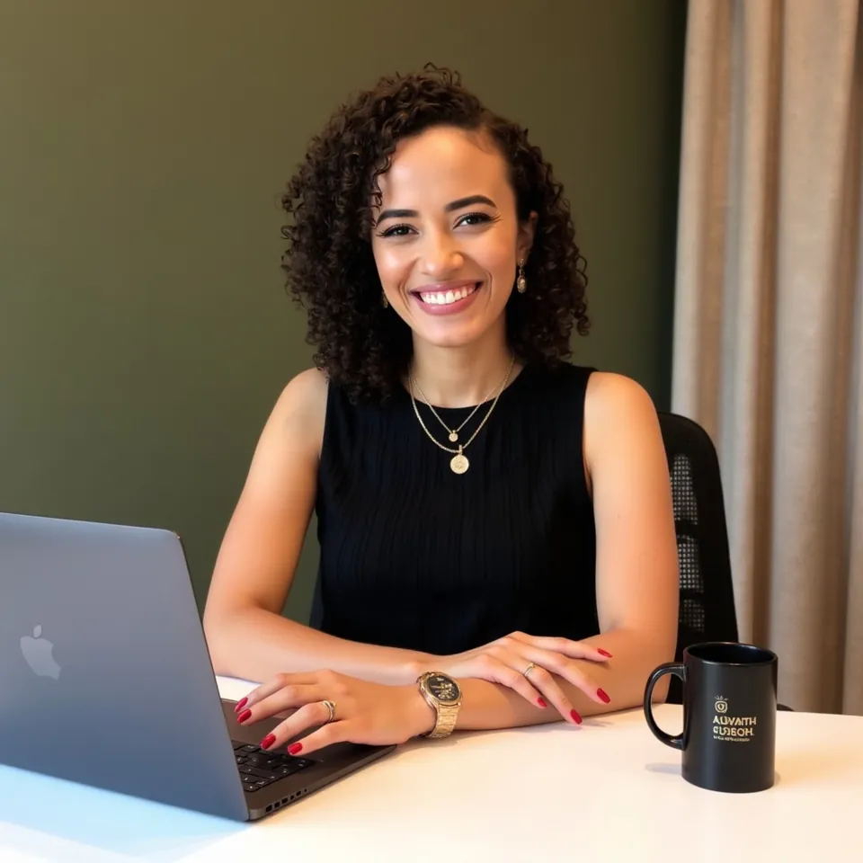 Larissa Nunes diante do notebook, durante um atendimento online